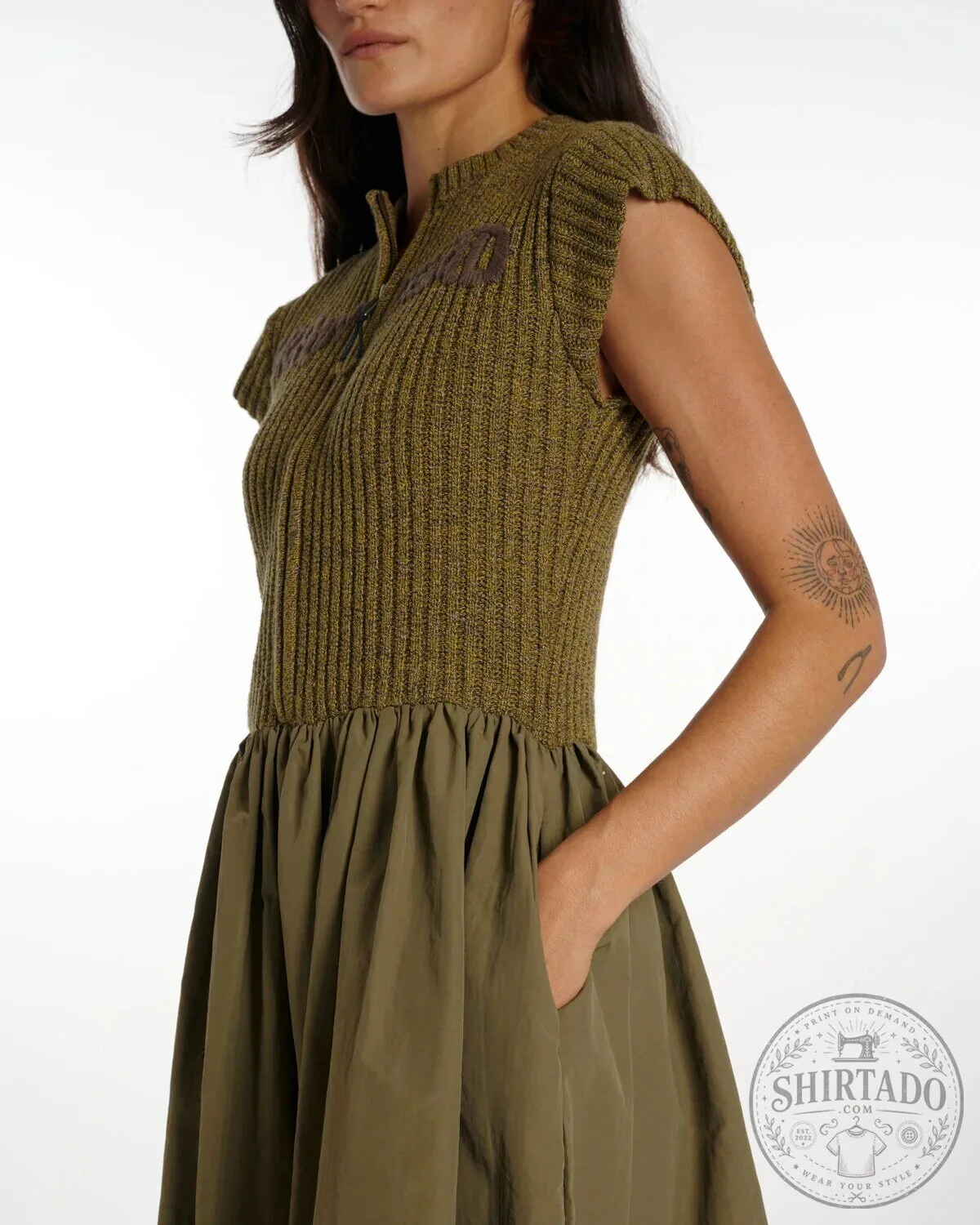 Olive Green Knit Short Sleeve Dress for Women with Zipper Closure 10 Olive Green Knit Short Sleeve Dress for Women with Zipper Closure