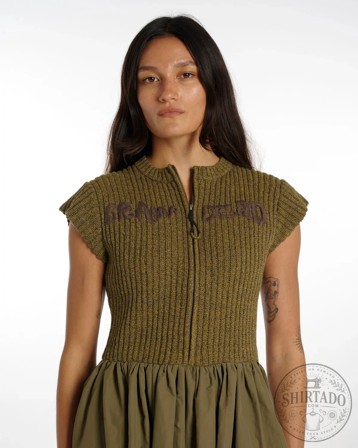 Olive Green Knit Short Sleeve Dress for Women with Zipper Closure 12 Olive Green Knit Short Sleeve Dress for Women with Zipper Closure