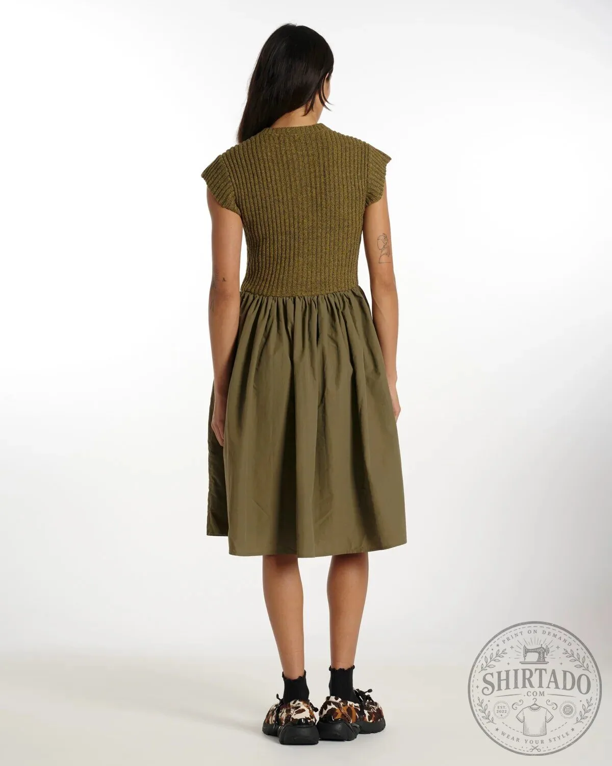 Olive Green Knit Short Sleeve Dress for Women with Zipper Closure 13 Olive Green Knit Short Sleeve Dress for Women with Zipper Closure