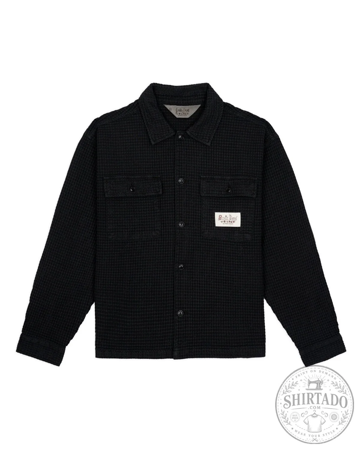Men's Black Waffle Knit Button-Front Long-Sleeve Shirt Jacket